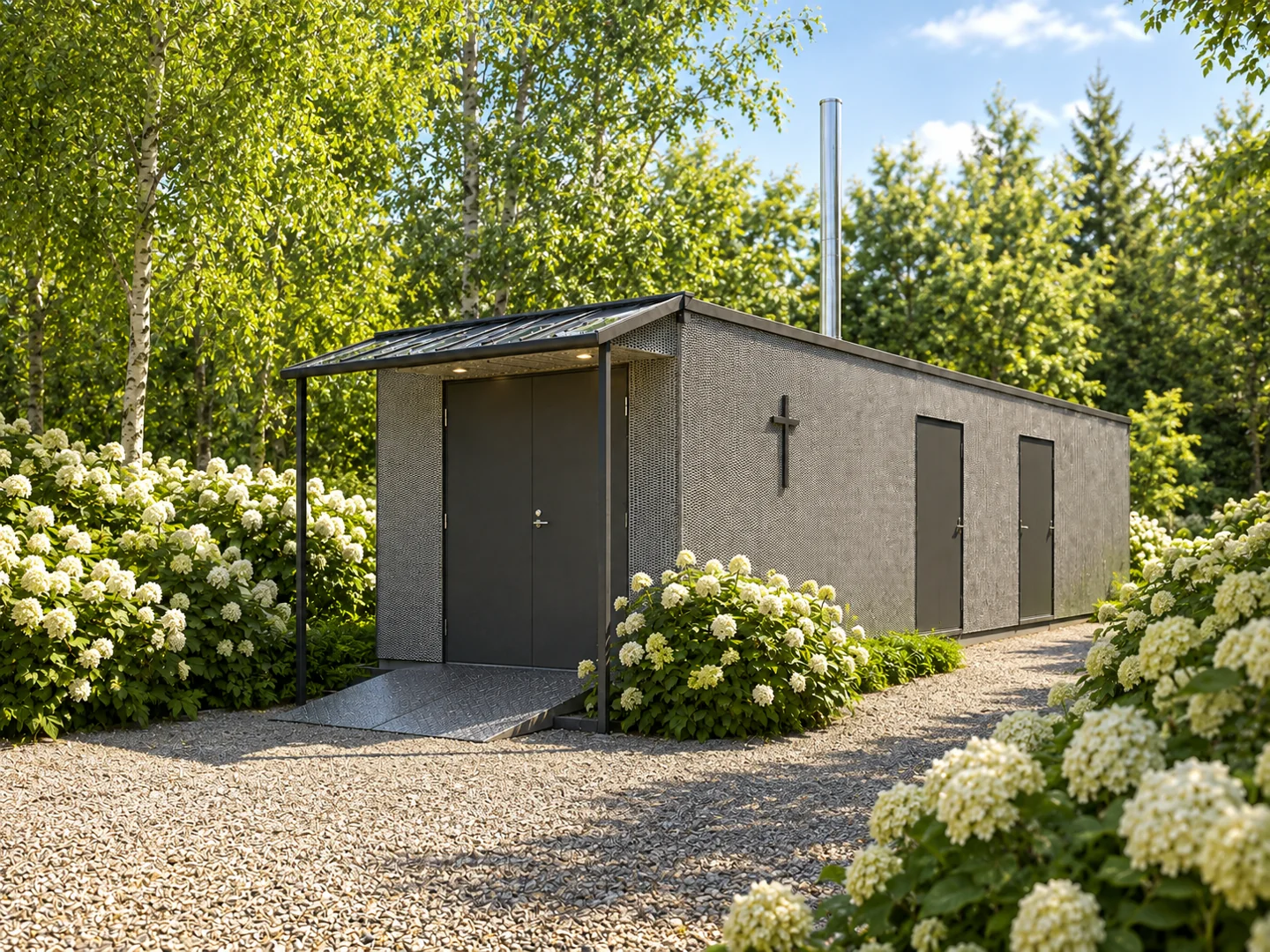 Modular crematorium in a landscaped setting