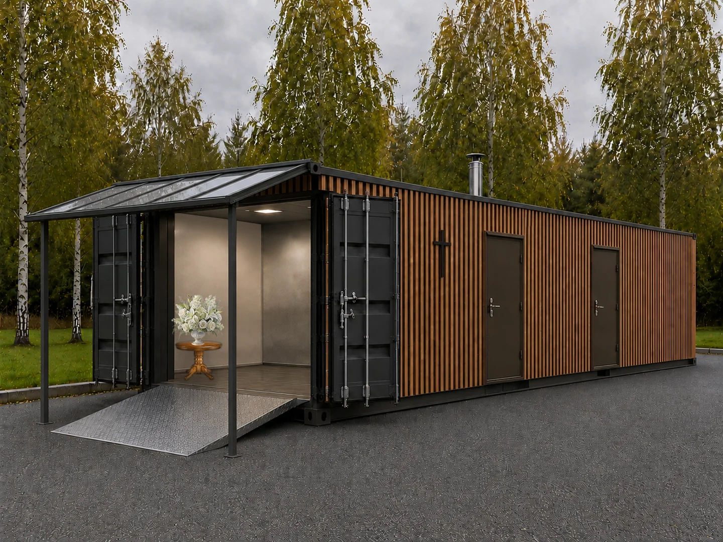 Modular crematorium in a landscaped setting